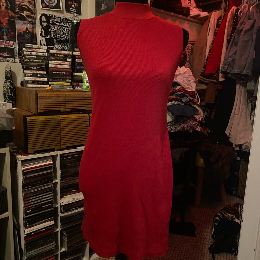 90s Turtleneck Red Sleeveless Dress